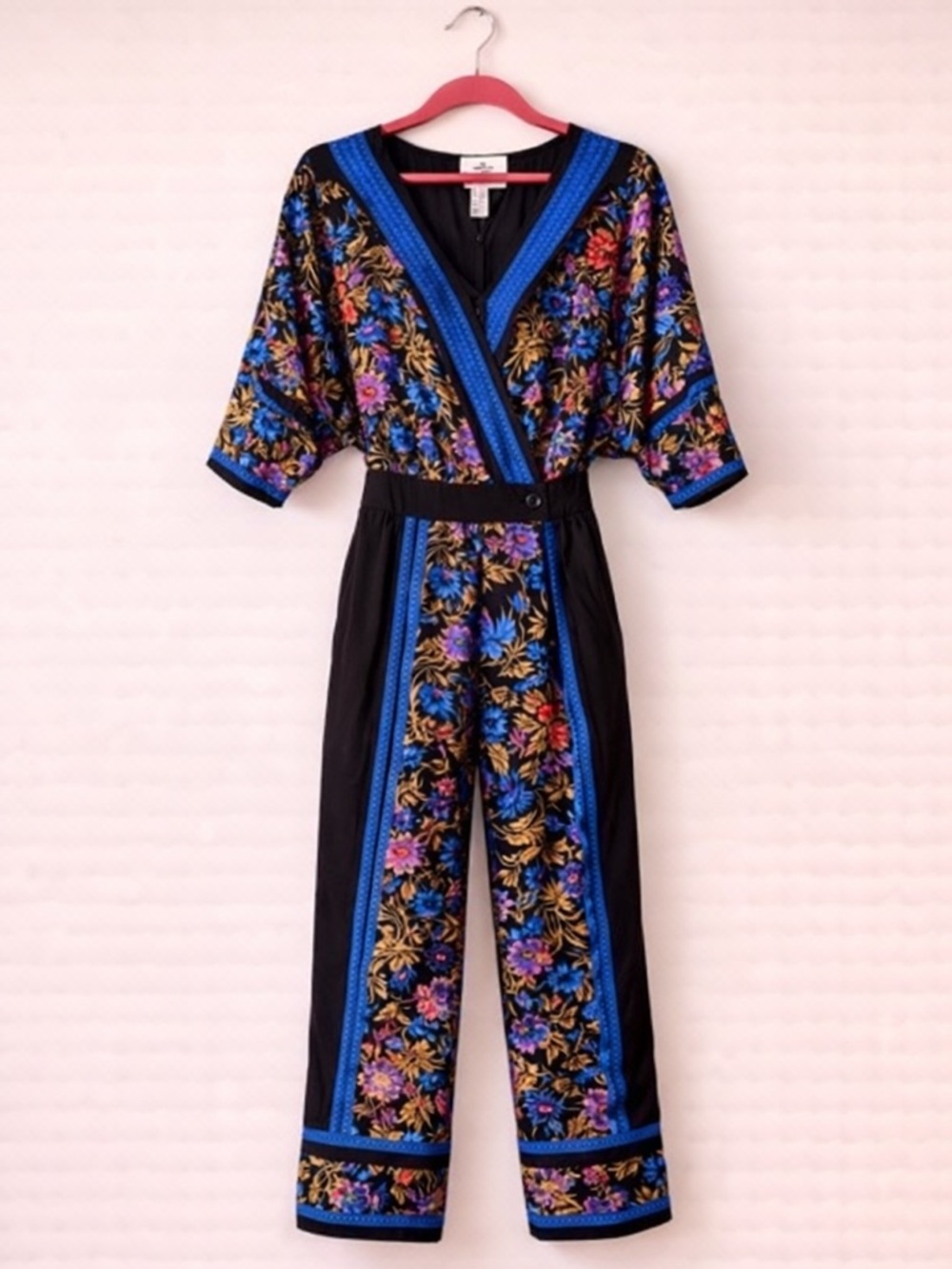 Anthropologie ett:twa Floral Border Print Jumpsuit Boho Blue Wide Leg Size 6 - Picture 2 of 5